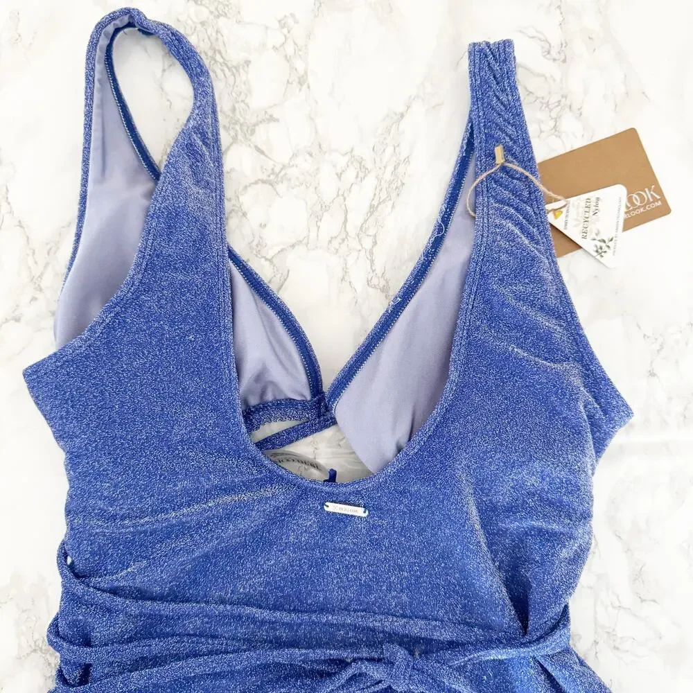 BERLOOK Metallic Lurex Cut Out Wrap One Piece Swimsuit Blue Large L